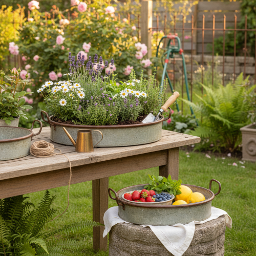 daiktų Ovalus metalinis padėklas su rankena, rūdžių spalvos, 46/52 cm, 2 vnt. rinkinys