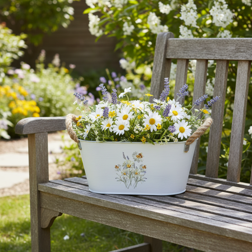 daiktų Dekoratyvinis ovalus metalinis dubuo, baltas su natūraliais gėlių raštais, L26cm