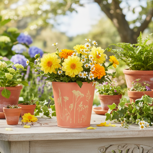 daiktų Gėlių vazonas su gėlių dekoracija, abrikosų geltonumo, Ø10,5 cm, aukštis 10,5 cm