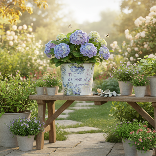 daiktų Mažas metalinis gėlių vazonas/sodintuvas hortenzijai, Ø17,5 cm, aukštis 16 cm