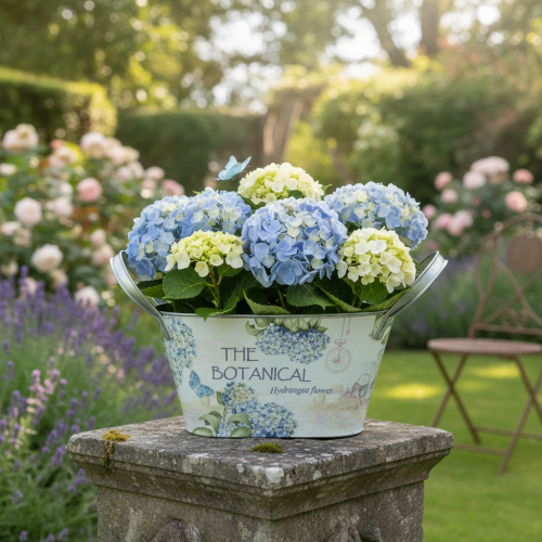 daiktų Gėlių dubuo su rankenėlėmis, hortenzijos raštas, metalinis, 26 × 13 × 14,5 cm