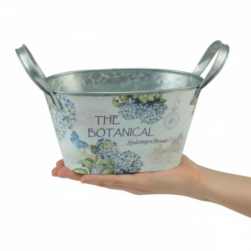 daiktų Gėlių dubuo su rankenėlėmis, hortenzijos raštas, metalinis, 26 × 13 × 14,5 cm