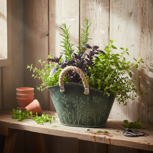 daiktų Gėlių vazonas su rankenomis, krepšys, metalas, džiutas, 19 × 13,5 × 13,5 cm