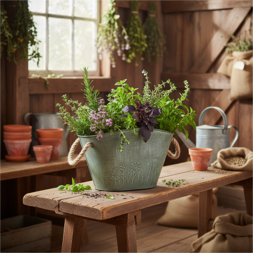 daiktų Gėlių vazonas su rankenomis, krepšys, metalas, džiutas, 24,5 × 17 × 15,5 cm