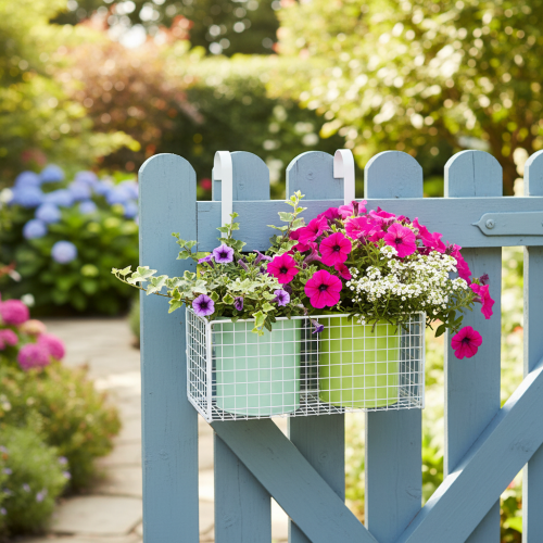 daiktų Pakabinamas metalinis gėlių vazonas, žalias, balkono dekoracija, ilgis 22 cm, aukštis 23,5 cm