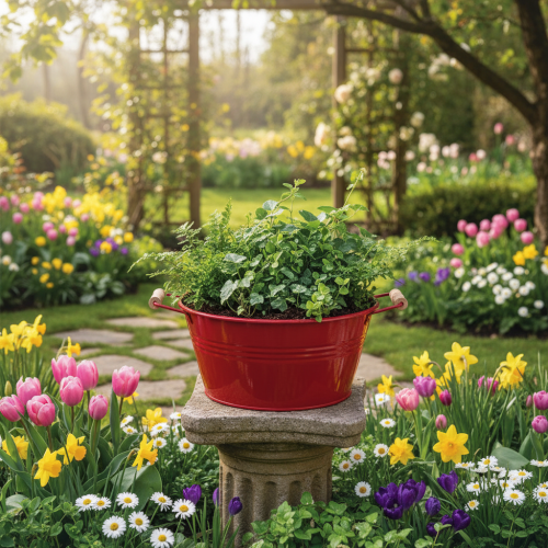 daiktų Dekoratyvinis dubuo su rankenėlėmis, metalinis gėlių vazonas, raudonas, Ø29cm, aukštis14.5cm