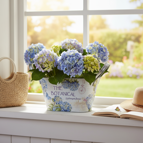 daiktų Gėlių dubuo su rankenėlėmis, hortenzijos raštas, metalinis, 26 × 13 × 14,5 cm