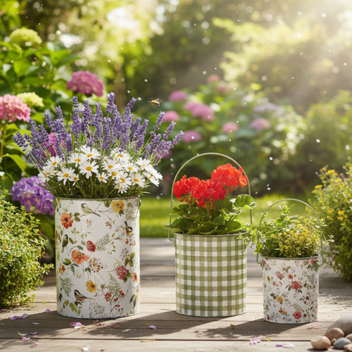 daiktų Vintažiniai dekoratyviniai metaliniai augalų vazonai, Ø18/15/12 cm, 3 vnt. rinkinys