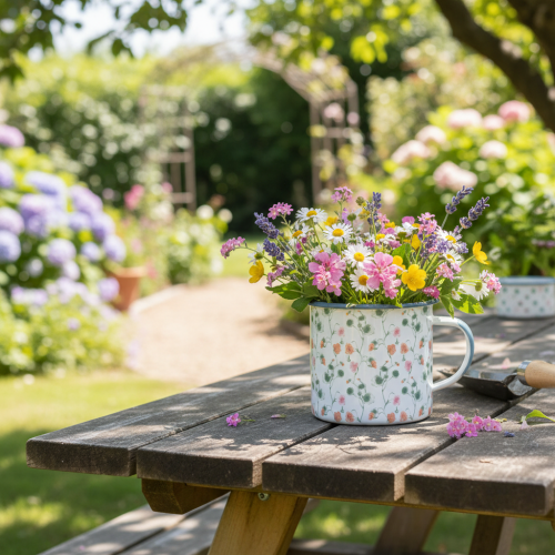 daiktų Emaliuotas augalų vazonas, dekoratyvinis puodelis su gėlių motyvais, Ø11 cm