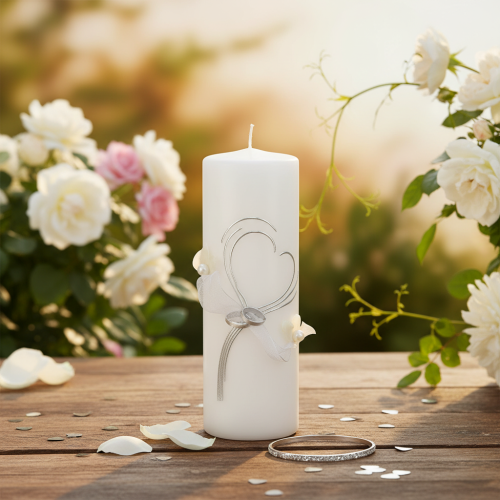 daiktų Šventinė vestuvinė žvakė su stilingu širdies formos dizainu, sidabriniais papuošimais ir organzos juostele – idealiai tinka vestuvėms ir sidabrinėms vestuvių metinėms, 240/80 mm