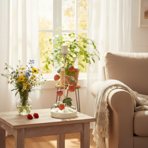 daiktų Metalinė kūginė žvakidė su braškių dekoracija, kreminės spalvos, apvali, aukštis 26 cm