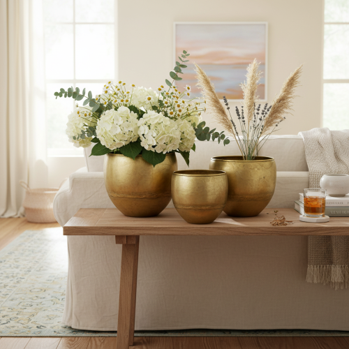 daiktų Dekoratyvinės vazos, žalvario imitacijos, metalinės vazos, Ø18/15/12,5 cm, 3 vnt. rinkinys