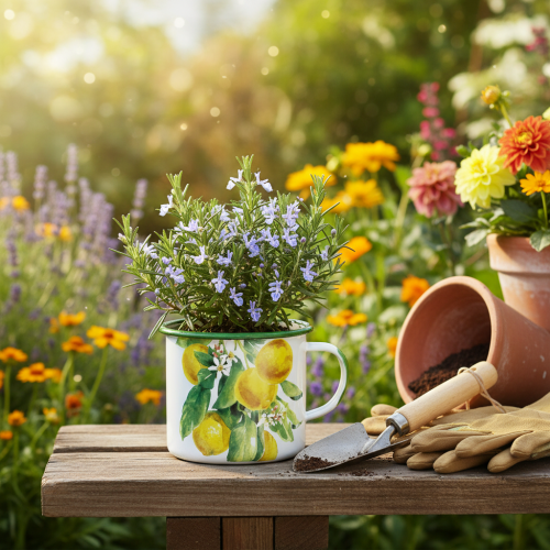 daiktų Emaliuotas augalų vazonas, dekoratyvinis vazonas su citrinos šakele, Viduržemio jūros stiliaus, Ø9,5 cm, aukštis 10 cm
