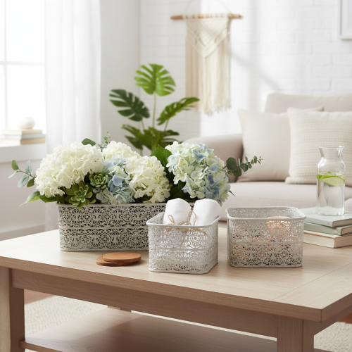 daiktų Metaliniai dubenėliai su nėrinių raštu, dekoratyvinis indas, kvadratinis, shabby chic stiliaus, balti, 27/23/19 cm, aukštis 13,5 cm, 3 vnt. rinkinys