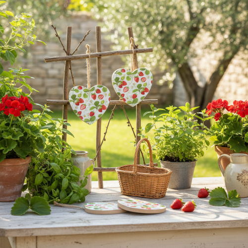 daiktų Dekoratyvinė širdis su braškių motyvu – vasariškas medinis pakabukas kaimiškam dekorui, 10 cm x 10 cm, 4 vnt.