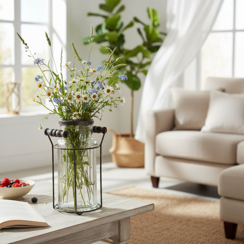 daiktų Stiklinis butelis metaliniame krepšelyje, idealiai tinka dekoratyviniams akcentams svetainėje, 20 cm