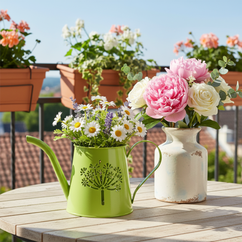Dekoratyvinė metalinė laistytuvė, kiaulpienės rašto, žalia, 12 cm aukščio, 2 dalys, dekoratyvinė vaza, shabby chic stiliaus | Floristik24.lt