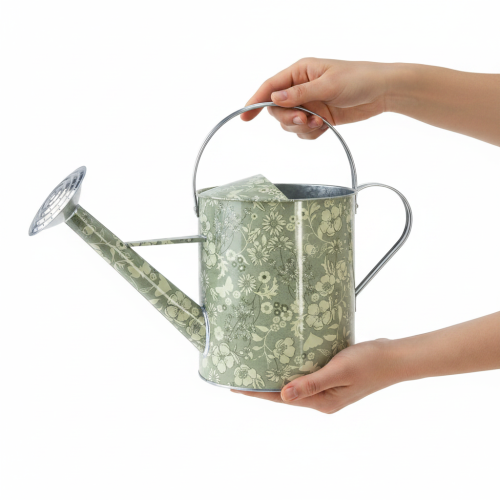 Metalinis laistytuvas, vintažinio stiliaus, žalios ir sidabrinės spalvos su gėlių raštu - dekoratyvinis vazonas, Ø18cm | Floristik24.lt