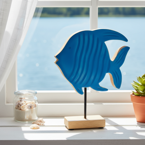 Medinė žuvies figūrėlė, jūrinė dekoracija, rankų darbo stalo dekoracija svetainei, 22 cm | Floristik24.lt