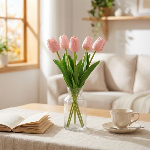 daiktų Dirbtinės gėlės tulpės rožinės spalvos, pavasarinė gėlė 48cm 5 vnt