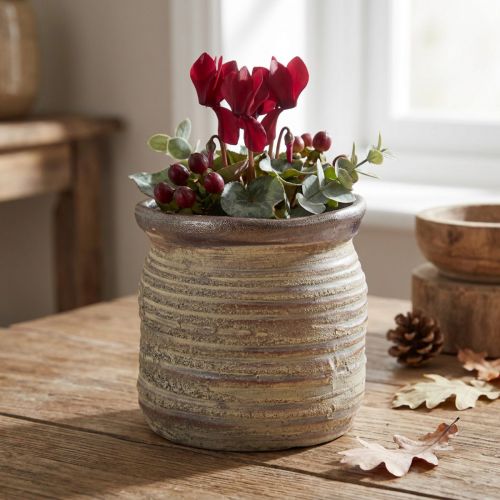 Keraminė vazoninė dekoratyvinė vaza metalinė pilka ruda 14×14cm | Floristik24.lt