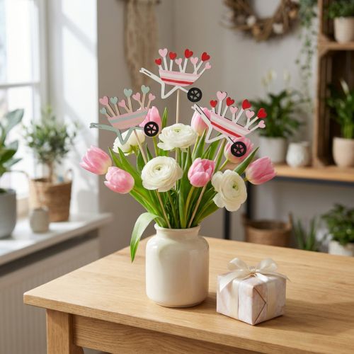 Gėlių kamštukas karutis medinės širdelės spalvotos 9x6,5cm 12 vnt | Floristik24.lt
