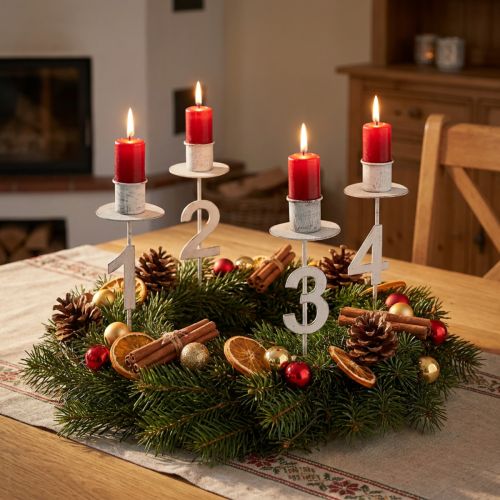 daiktų Žvakidė Advent su spygliuku ir skaičiais balta H11cm 4 vnt