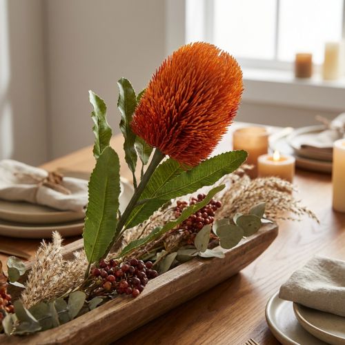 Dirbtinė gėlė Banksia Oranžinė rudens puošmena Laidotuvių gėlės 64cm | Floristik24.lt