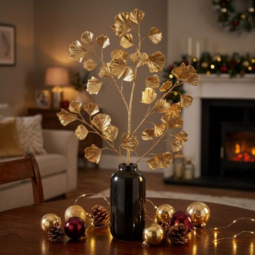 Gingko šakelė dekoratyvinis dirbtinis augalas bronzos blizgučiai 84cm | Floristik24.lt