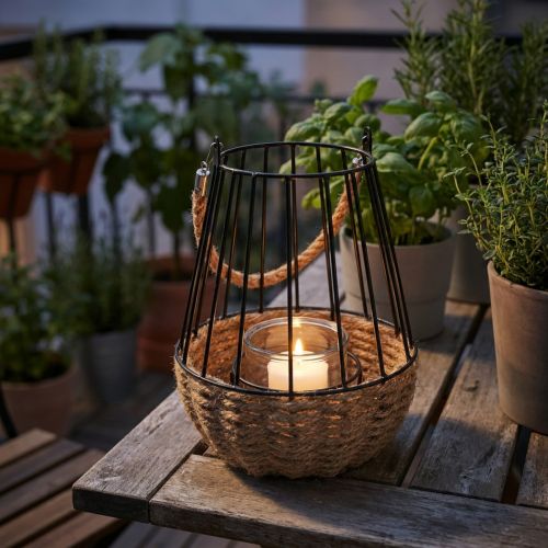 Žibintas su rankena ir stiklu juodas natūralus Ø18cm H22cm | Floristik24.lt