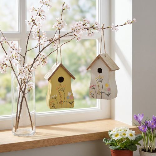 Dekoracija pakabinamam paukščių namelio medžiui balta geltona 13cm 2 vnt | Floristik24.lt