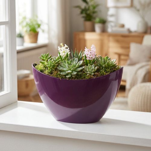 Augalinės valties dekoratyvinis dubuo violetinis 20×9cm H12cm | Floristik24.lt