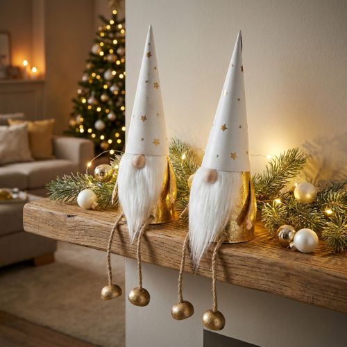 Gnome Kalėdinė dekoratyvinė figūrėlė balta, auksinė Ø6,5cm H22cm 2 vnt | Floristik24.lt
