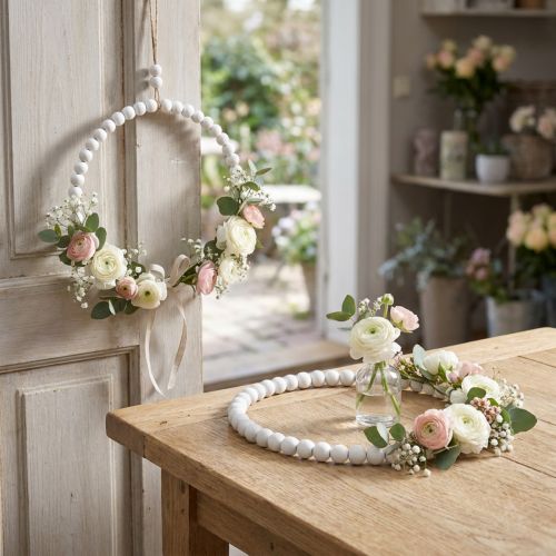 Dekoratyvinis medinis žiedas „Shabby Chic“ baltas Ø19 cm, vestuvinis, pavasarinis, durų dekoracija, 4 vnt. rinkinys | Floristik24.lt