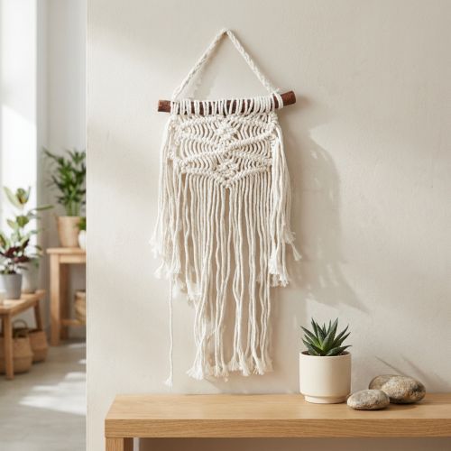 daiktų Makramė Boho sienos dekoracija Natūralaus kremo spalvos 18,5x48 cm