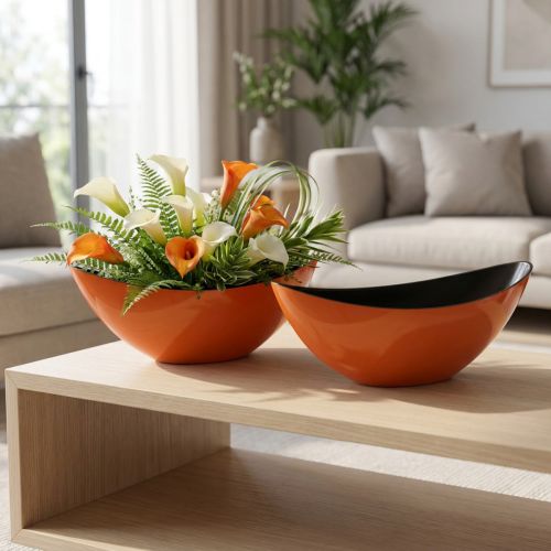 Modernus laivo formos dubuo oranžinės spalvos – 39 cm – universalus naudojimas dekoravimui ir sodinimui – 2 vnt. – | Floristik24.lt