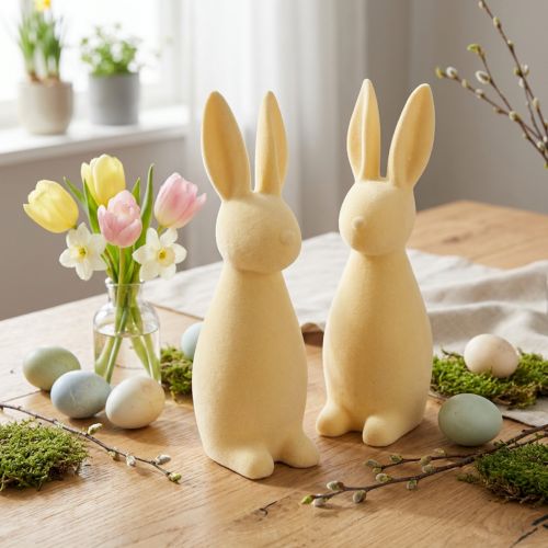 Dekoratyvinis Velykų zuikis – 2 pasirinkimas – Flocked šviesiai geltonas H29,5cm 2 vnt. | Floristik24.lt
