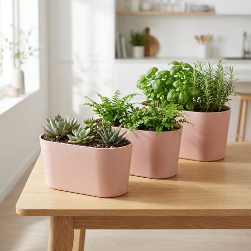 Augalų dubuo ovalus dekoratyvinis dubuo plastikinis rožinis rudas 20×10×11cm 3vnt | Floristik24.lt