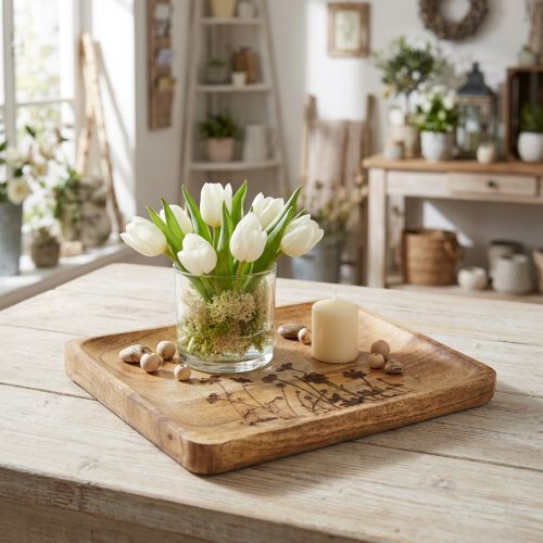 Dekoratyvinis padėklas iš mango medienos su gėlių raštu, 25 × 20 cm | Floristik24.lt