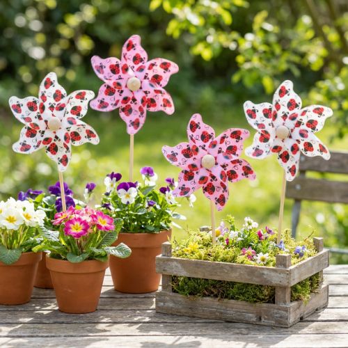daiktų Mini Vėjo malūnėlis Ladybug Decoration Balta Alyvinė Ø8cm 12 Vnt
