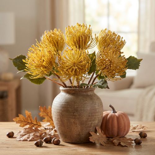 Dirbtinės protea smeigtukų pagalvėlės Leucospermum geltonos 30 cm 6 vnt. | Floristik24.lt