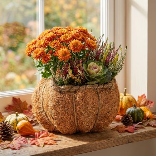 Moliūgų vazono krepšelis su folija, rudens dekoracija, oranžinis, Ø18cm, aukštis15cm | Floristik24.lt