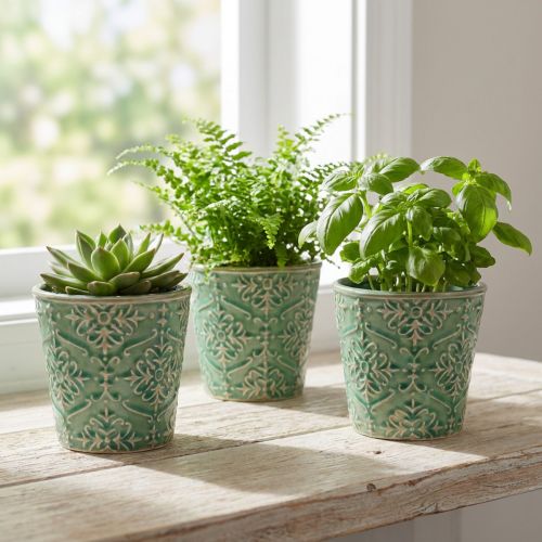 Sodinamosios keramikos traškučių glazūra žalia Ø11cm H11cm 3vnt | Floristik24.lt