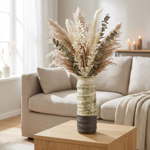 Keraminė vaza džiovintoms gėlėms, kreminės spalvos, pilkai žalia, aukštis 34 cm | Floristik24.lt