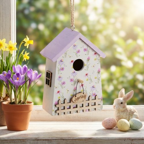 Pavasario puošmena Paukščių namelis Alyvinė Balta H11cm 3 Vnt | Floristik24.lt