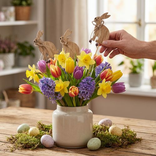 Gėlių kamštukas medinis Velykų zuikio papuošimas 8cm x 6cm 12 vnt | Floristik24.lt