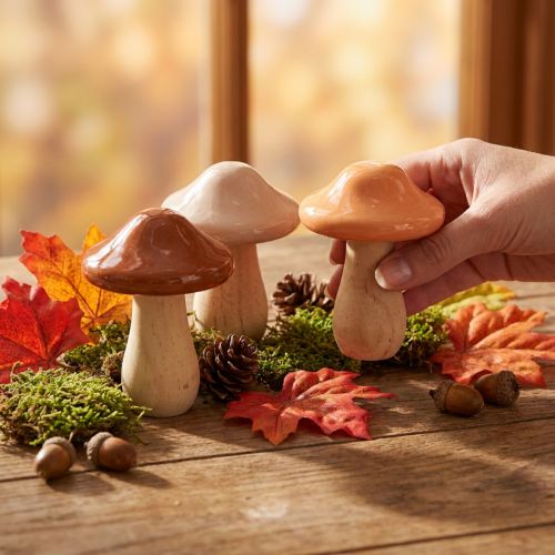 Dekoratyviniai mediniai grybai, rudi, smėlio, oranžiniai, Ø7,5 cm, aukštis10 cm, 3 vnt. | Floristik24.lt