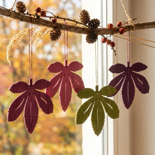 Mediniai dekoratyviniai pakabukai, rudens lapai, rožiniai, violetiniai, žali, 12x10 cm, 12 vnt. | Floristik24.lt