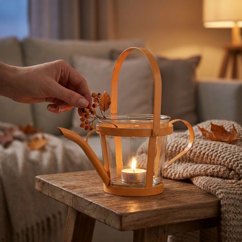 Žibintas stiklinis dekoratyvinis laistytuvas metalinė oranžinė Ø14cm H13cm | Floristik24.lt