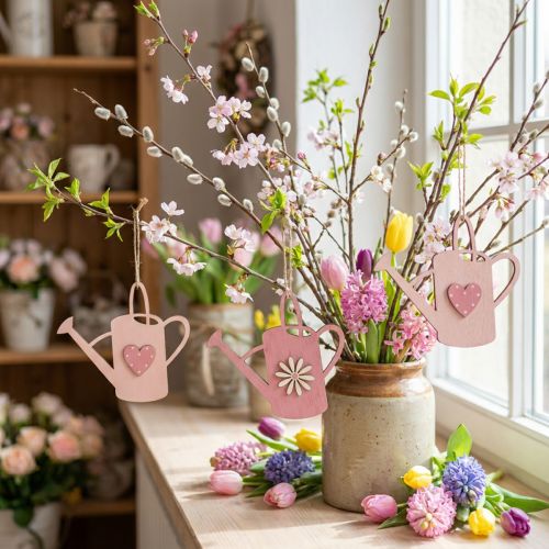 Pakabinamas dekoravimas medinis laistytuvas deco pink deco kabykla 14x12cm 6vnt | Floristik24.lt